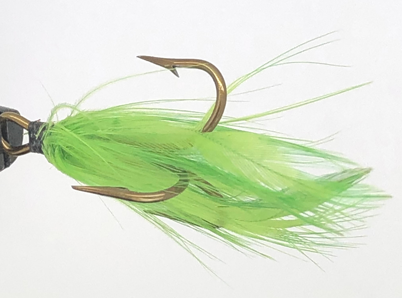 10 Flies - Green Feather Black Head on Bronze 4 Mustad Treble Hook