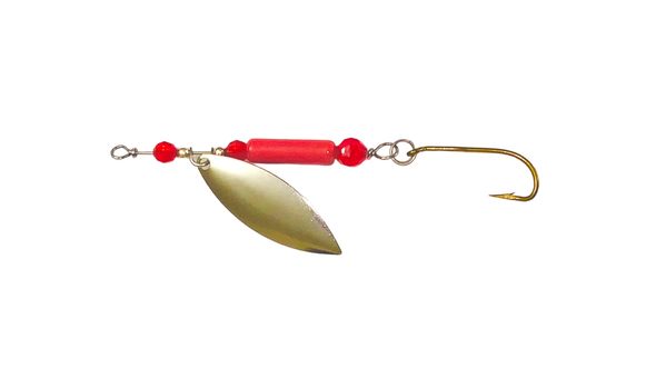 Fishslayer Tackle Jig à cliquetis de 3/8 oz / spinners en feu - corps rougeoyant avec perles UV rouges et spinner chromé réfléchissant