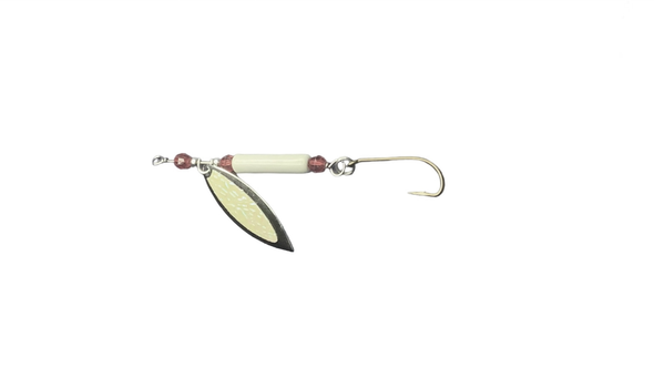 Fishslayer Tackle 3/8oz Clatter Jig / Spinners Maçonnerie - Corps lumineux blanc avec perles UV rouges et un spinner lumineux blanc