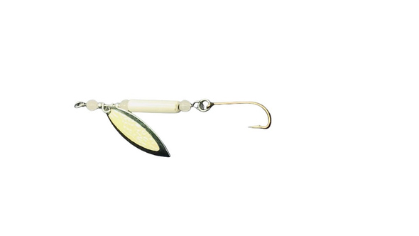 Fishslayer Tackle 1/2oz Clatter Jig / Spinner Globee - Corps lumineux blanc avec perles lumineuses blanches et un spinner lumineux blanc