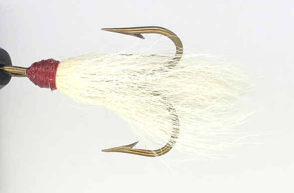 10 fluer - hvid bucktail m/ rødt hoved på bronze 2 Mustad diskantkrog