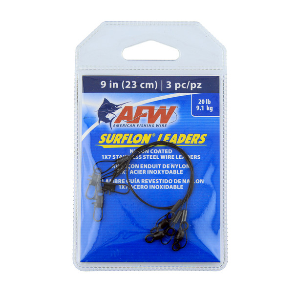 AFW - Surflon Leaders Nylon Coated 1x7 Stainless Steel Wire Leaders - Sleeve - Swivel -  LockSnap - Black - 9 Inch -  3 pc