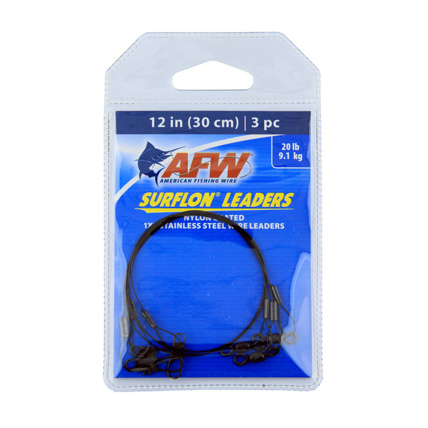 AFW - Surflon Leaders Nylon Coated 1x7 Stainless Steel Wire Leaders - Sleeve - Swivel -  LockSnap - Black - 12 Inch -  3 pc