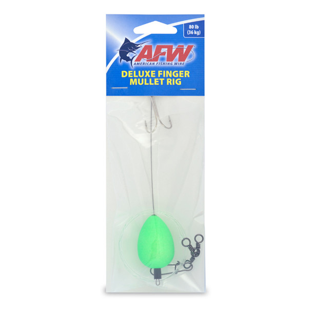 AFW - Deluxe Finger Mullet Rig, 80 lb / 36 kg Clear Mono Line, 1.25 in / 3.1 cm, Green Pear Float, 2/0 Split Hook, 1pc