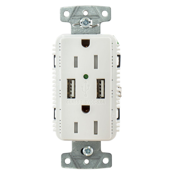 Hubbell Usb15a5w White Outlet Dual 15 Amp 125v 2-pole And Dual 5 Amp 5v Usb Ports
