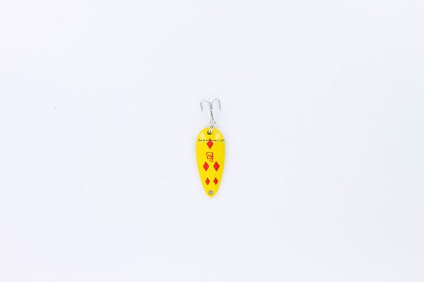 Colher Eppinger 817 Dardevle Midget, 1 3/8", 3/16 onças, diamantes amarelos/vermelhos, parte traseira de latão