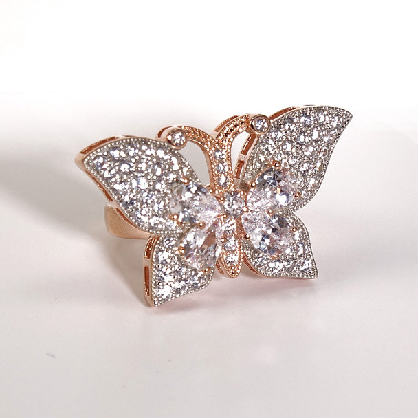 Charles Winston, S Silver, Cubic Zirconia, Rose Gold Plated Butterfly Ring