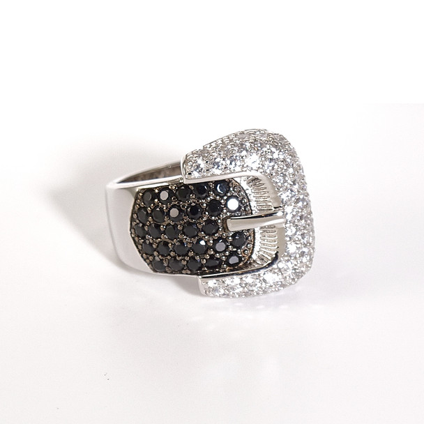Charles Winston, S Silver, Black & White Cubic Zirconia Buckle Ring