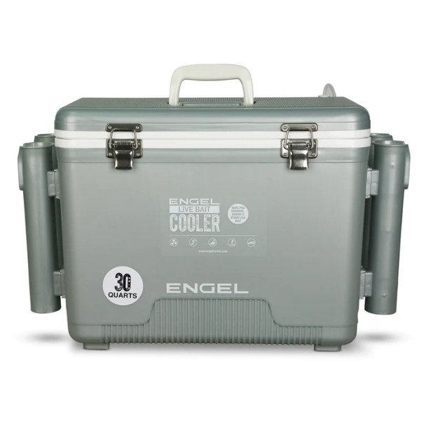 Refroidisseur Engel Live Bait Pro 30 Qt avec aérateur rechargeable AP4 XL, supports de canne à pêche et matériel en acier inoxydable
