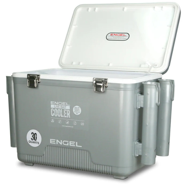 Engel 30Qt Live bait Pro Cooler ladattavalla ilmastimella AP4 XL, sauvan pidikkeillä ja ruostumattomalla laitteistolla
