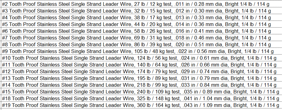 AFW Tooth Proof Stainless Steel Single Strand Leader Wire