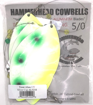 arnie's cowbell fishing lures Opti Tackle Hammerhead Tackle Spinner in Rod Hog 2 And Chart/Silver Back | Size: 4" worthy cowbell spinner is constructed of stainless aluminum meaning you fight the fish and not heavy hardware Hammerhead Custom Cowbell Spinners -