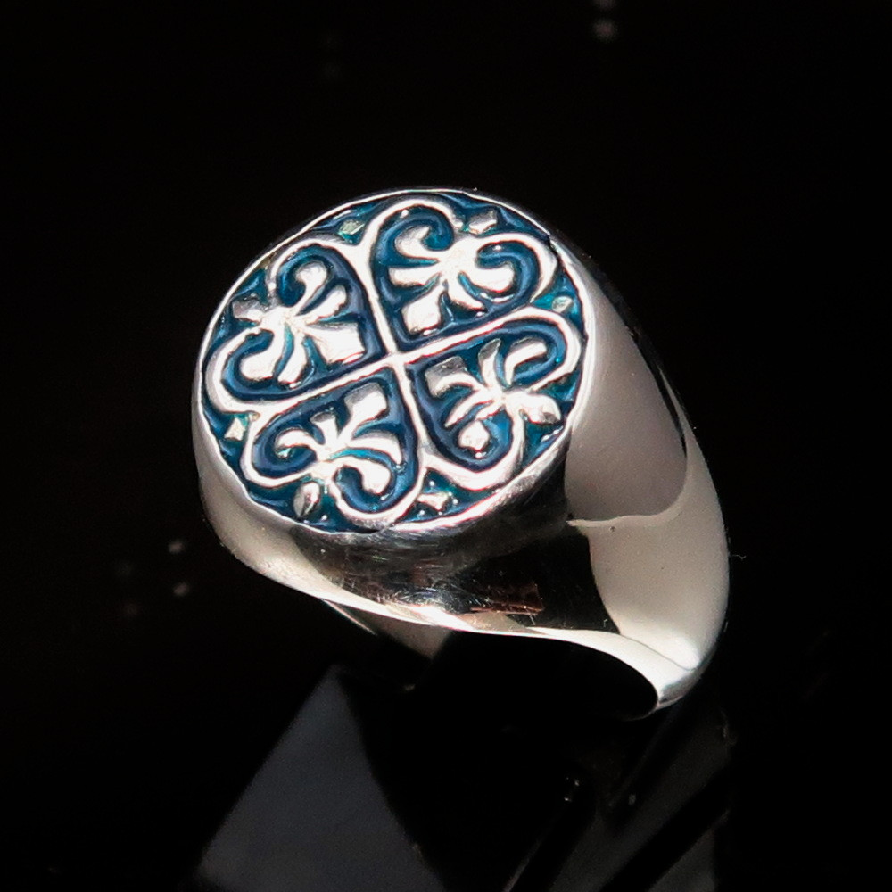 Sterling silver Fleur de Lis ring French Lily Flowers with Blue