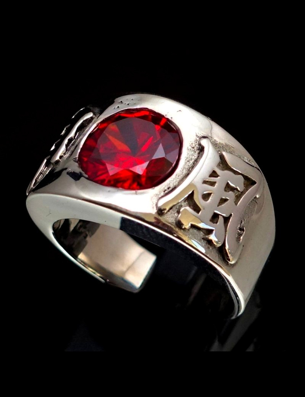 Sterling silver Japanese Band ring Kamikaze Japan with Fiery Red CZ stone  high polished 925 silver men's ring