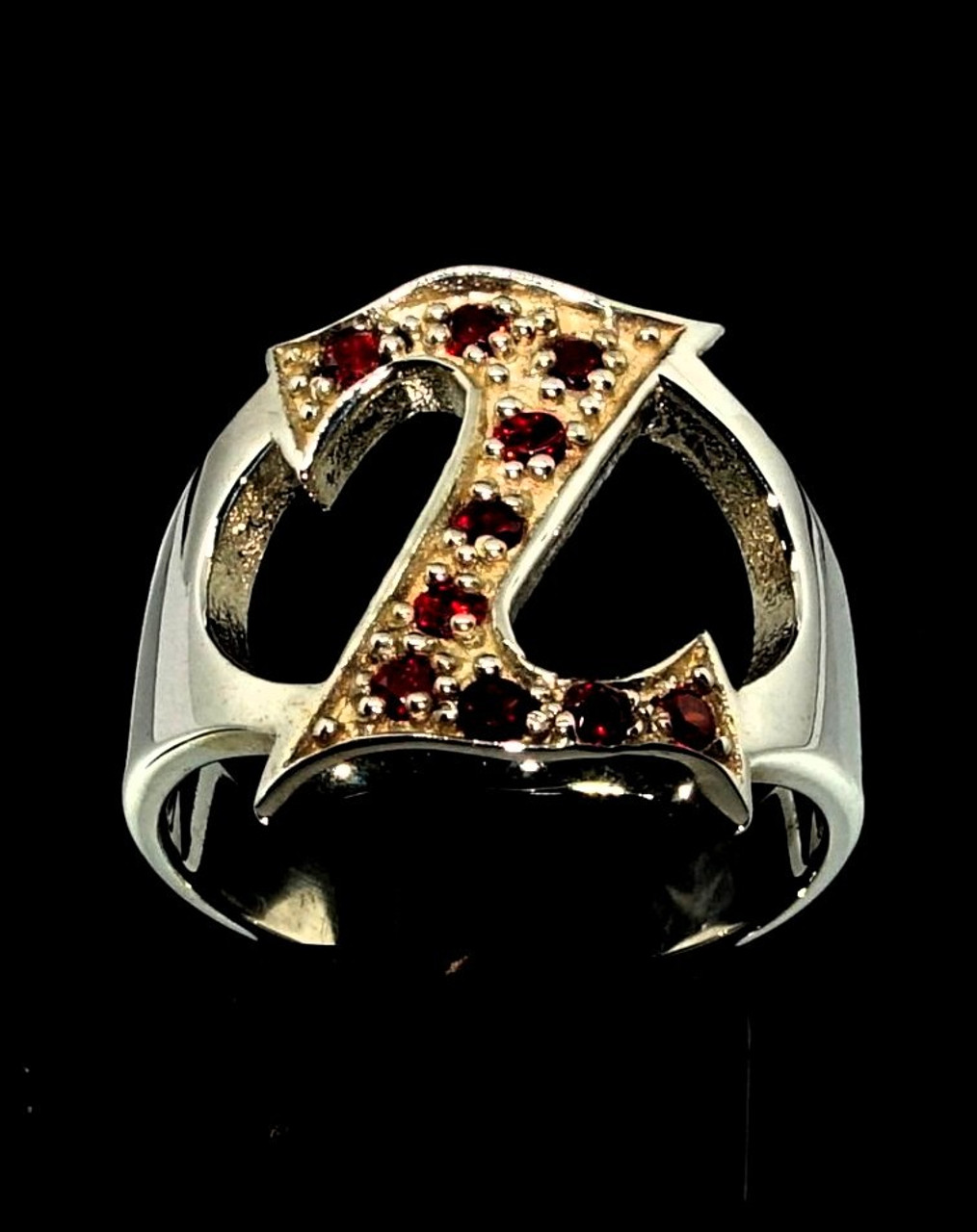 Sterling silver initial Z ring with 10 Sparkling Red CZ stones high  polished 925 silver