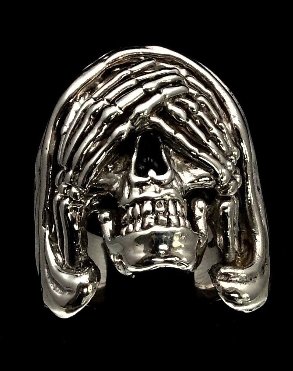 Huge Sterling silver Skull ring See No Evil high polished and antiqued 925  silver men's ring