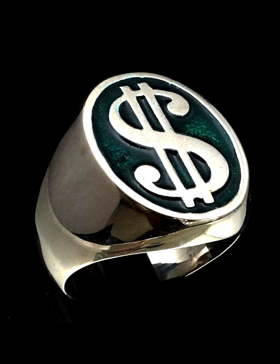 Heavy Sterling silver symbol ring US Dollar $ on Green enamel high polished  925 silver men's ring