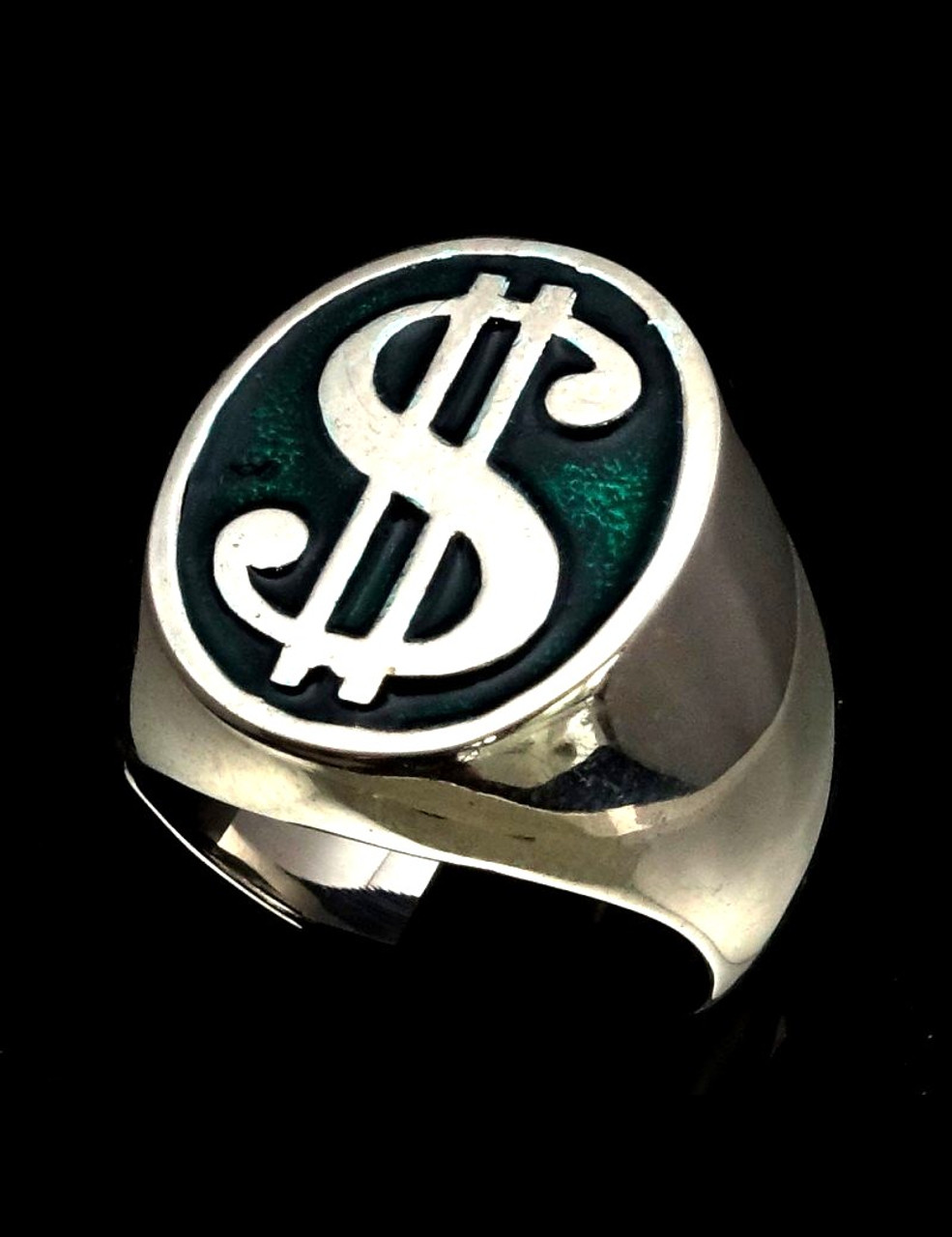 Heavy Sterling silver symbol ring US Dollar $ on Green enamel high polished  925 silver men's ring