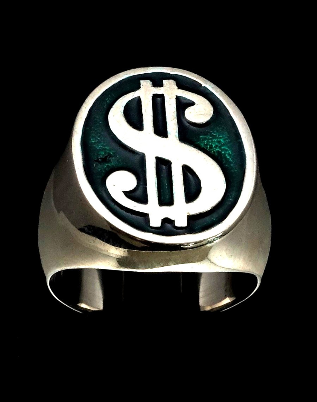 Heavy Sterling silver symbol ring US Dollar $ on Green enamel high polished  925 silver men's ring