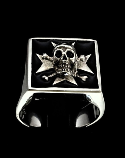 Silver medieval ring Maltese Cross and Skull with Black enamel high polished 925 Sterling silver men's ring