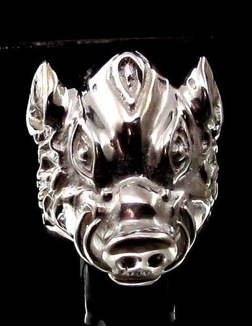 Sterling silver Animal ring Wild Boar head Hog high polished 925 silver men's ring