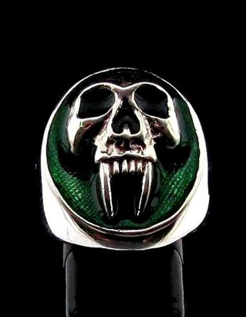 Sterling silver Skull ring Big Fang Vampire Skull with Green enamel high polished 925 silver