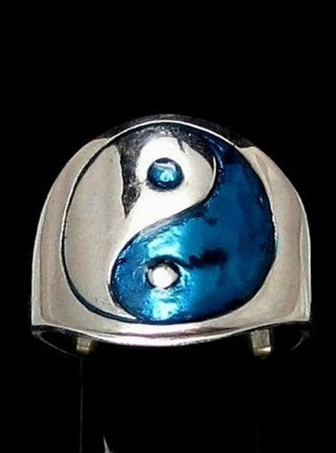 Sterling silver ring Yin Yang ancient Chinese philosophy with Blue enamel high polished 925 silver