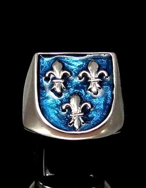 Sterling silver ring Fleur de Lys Royal coat of arms France 3 French Lily Flowers on Blue enamel shield 925 silver