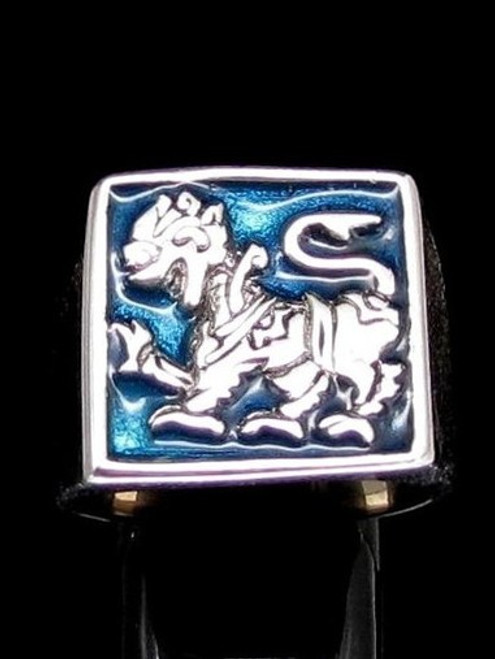 Sterling silver men's ring Sinhalese Lion Flag Sri Lanka on Blue enamel high polished 925 silver