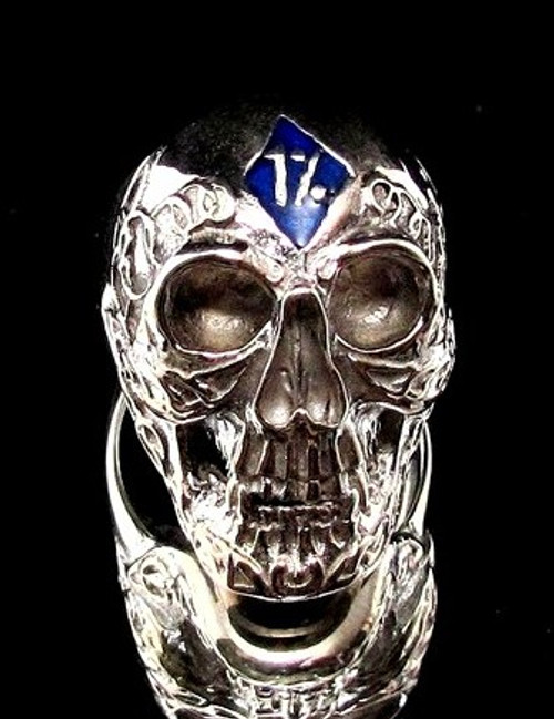 Sterling silver Biker ring 1 % Tattoo Outlaw Skull with Blue enamel high polished 925 silver men's ring