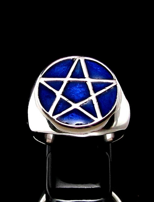Sterling silver Pentagram ring Celtic symbol Occult Star with Blue enamel high polished 925 silver