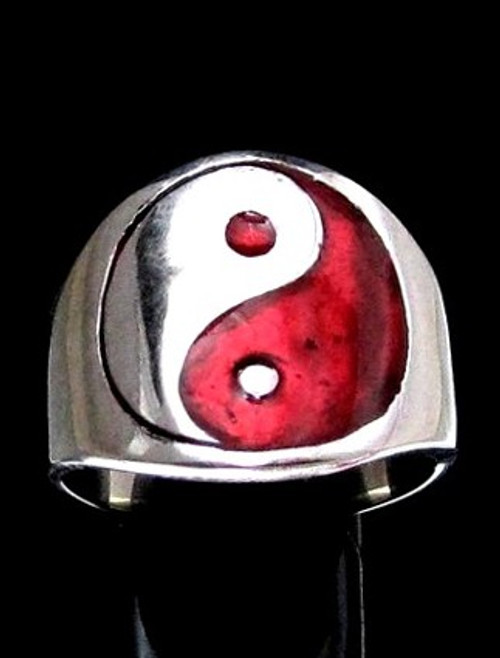 Sterling silver Symbol ring Yin and Yang ancient Chinese philosophy with Red enamel high polished 925 silver