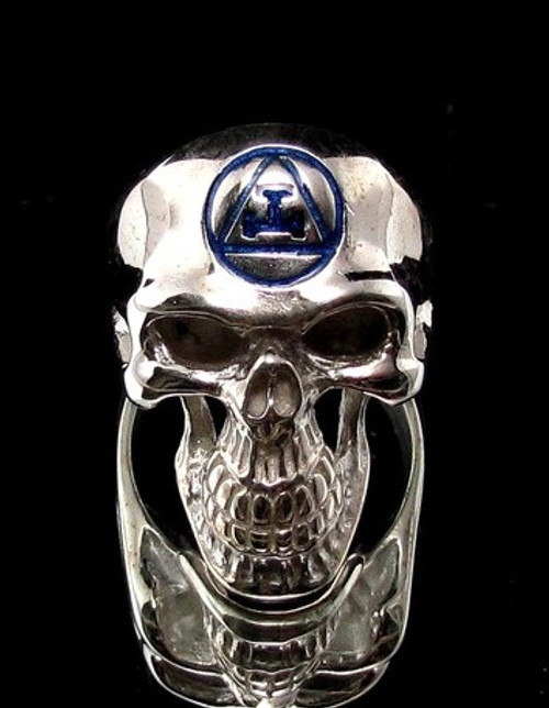 Sterling silver Skull ring Royal Masonic Arch Triple Tau Freemason symbol on Grinning Skull with Blue enamel high polished 925 silver