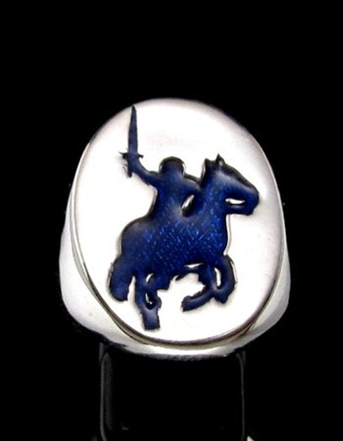 Sterling silver ring Medieval Knight on Horse in Blue enamel high polished 925 silver