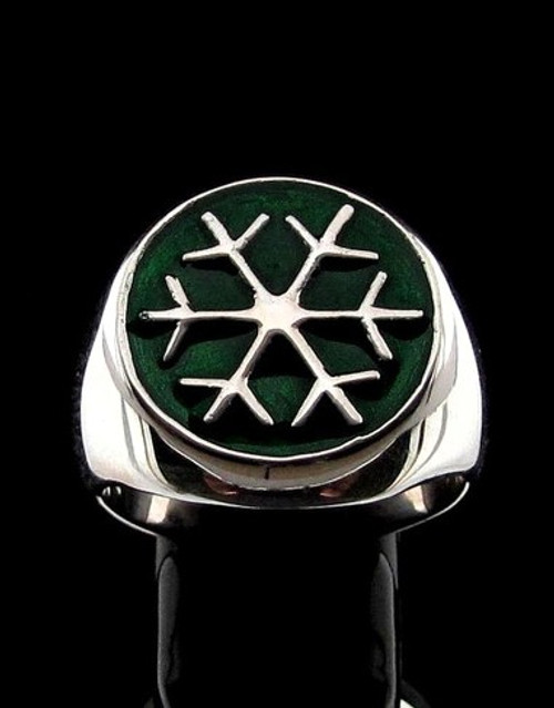 Sterling silver Symbol ring Snowflake Winter Sport Games with Green enamel high polished 925 silver