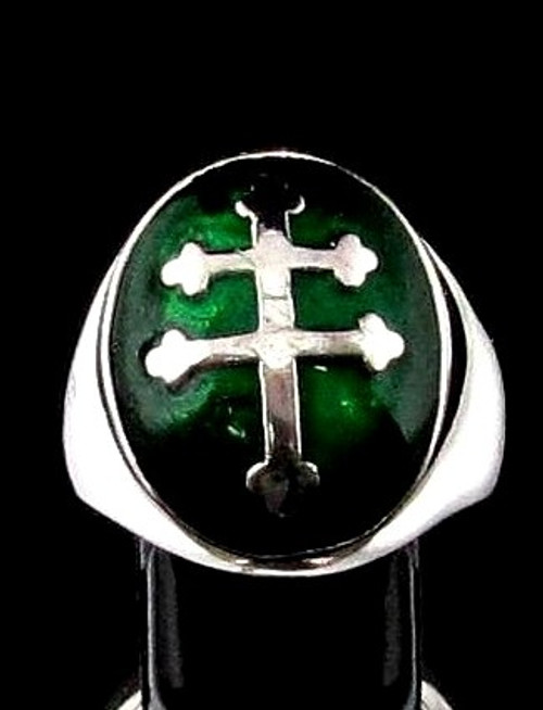 Sterling silver ring Lorraine Cross France Heraldic symbol on Green enamel oval dome high polished 925 silver