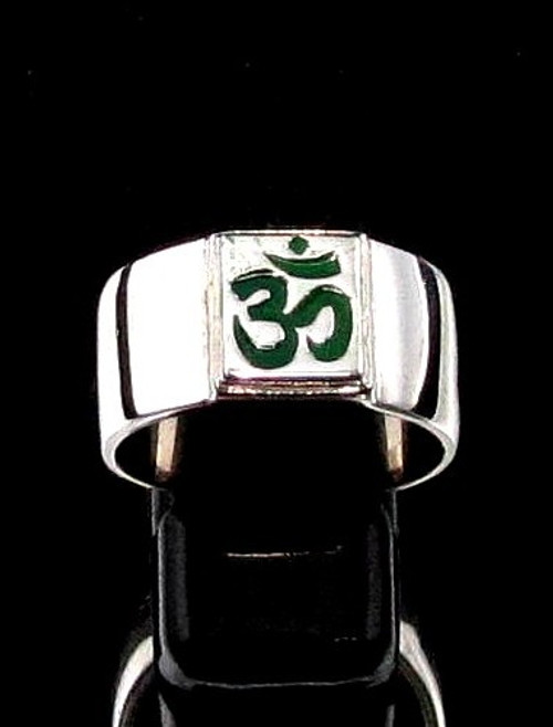 Sterling silver Buddhist ring Ohm symbol Buddhism in Green enamel on square high polished 925 silver