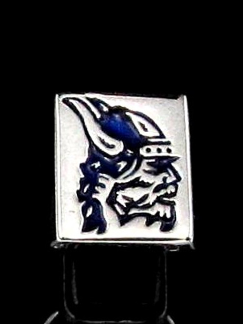 Sterling silver men's ring Viking Chief with Horned Helmet in Blue enamel high polished 925 silver