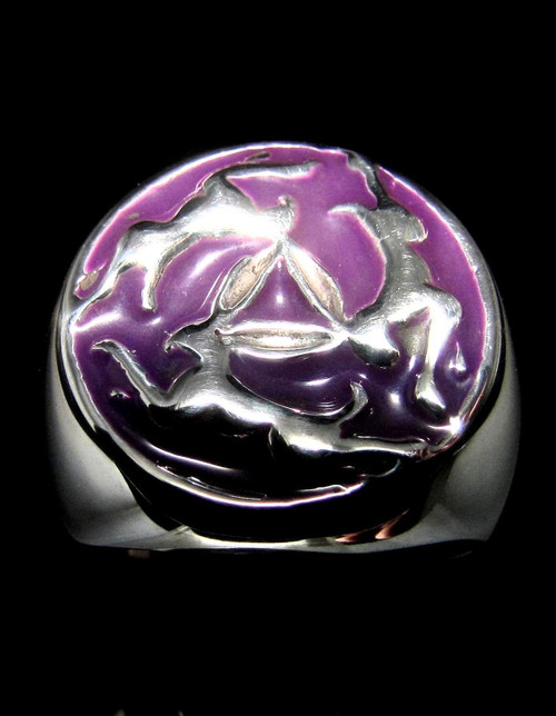 Sterling silver ring Three Hares in Circle The Tinners Rabbits ancient Celtic symbol Triskelion with Purple enamel