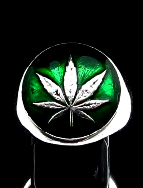 Sterling silver ring with a Beautiful Magic Plant symbol on Green enamel high polished 925 silver