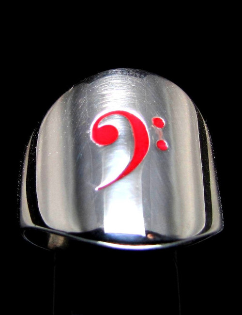 Sterling silver Musician ring Bass Clef note Music symbol in Red enamel high polished 925 silver Bass player ring