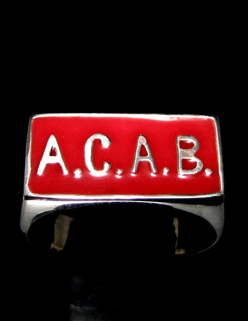 Sterling silver Biker ring A.C.A.B. initials on Red enamel high polished 925 silver