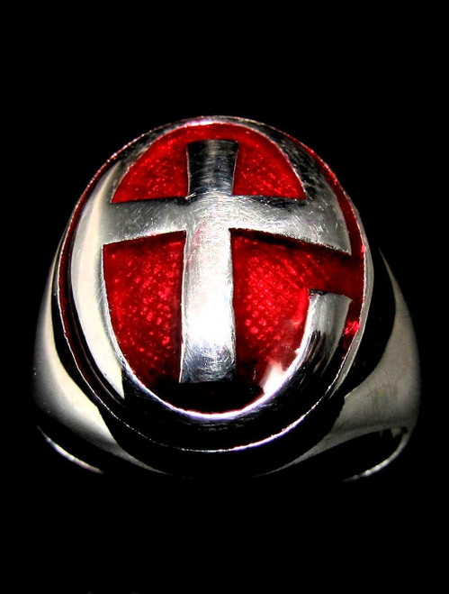 Sterling silver Religious symbol ring Church of England Anglican Cross with Red enamel high polished 925 silver