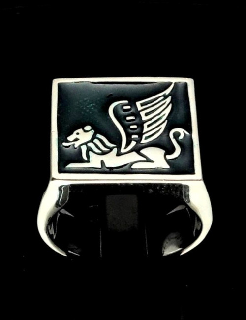 Sterling silver ancient symbol ring Winged Lion mythological creature on Green enamel high polished 925 silver