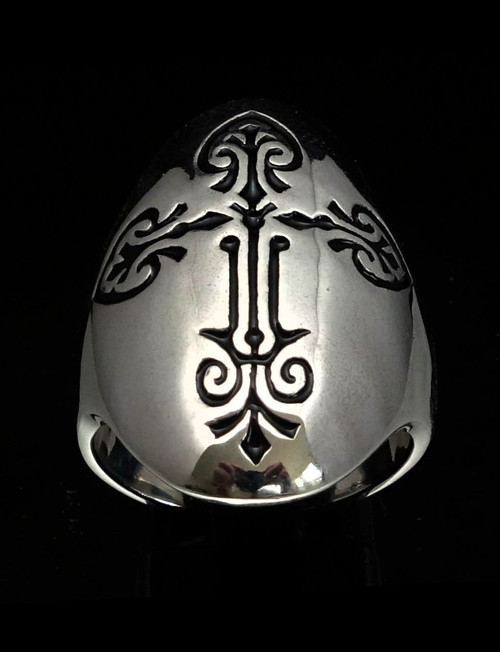 Sterling silver Coptic Cross ring Medieval Christian symbol Black enamel inlay high polished 925 silver