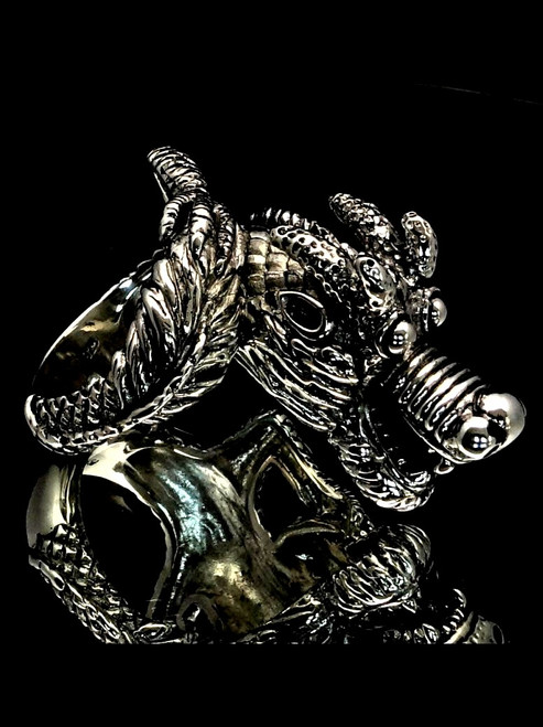 Big Sterling silver men's Biker ring Laughing Dragon high polished and antiqued 925 silver