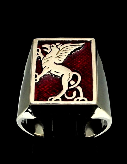 Sterling silver ring Sumerian  Griffin ancient Egypt and Iran Lion Eagle Red enamel 925 silver