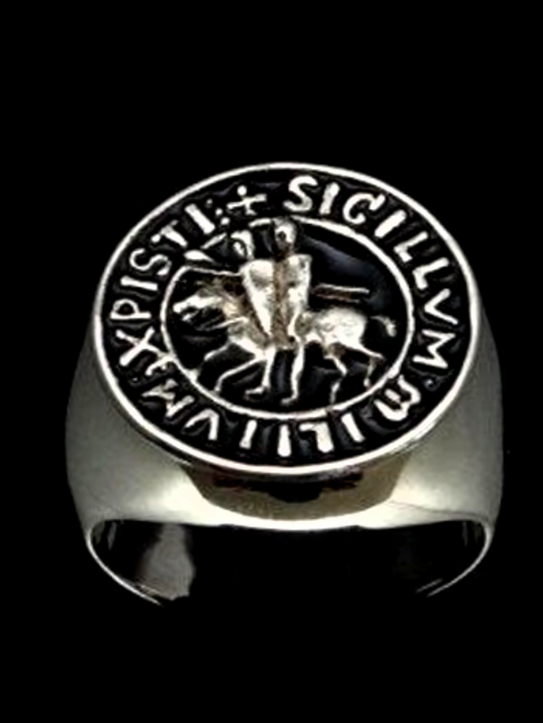 Sterling silver men's ring Knights Templar Sigillvm Crusaders coat of arms with Black enamel 925 silver