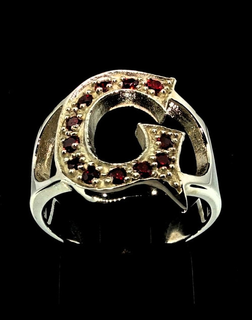 Sterling silver initial G ring with 12 Sparkling Red CZ stones high polished 925 silver