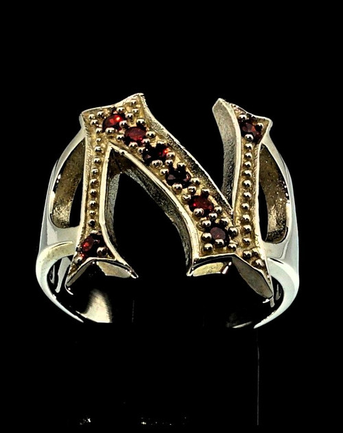 Sterling silver initial N ring with 8 Sparkling Red CZ stones high polished 925 silver